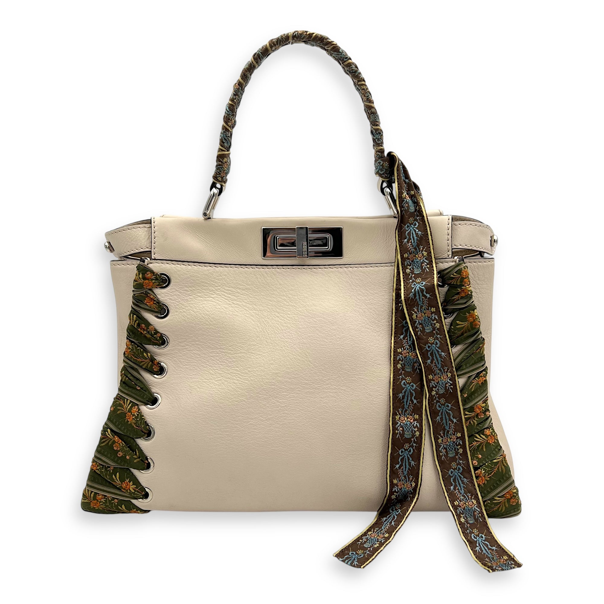 Peekaboo Medium Beige Top Handle Bag in Nappa Leather, Silver hardware