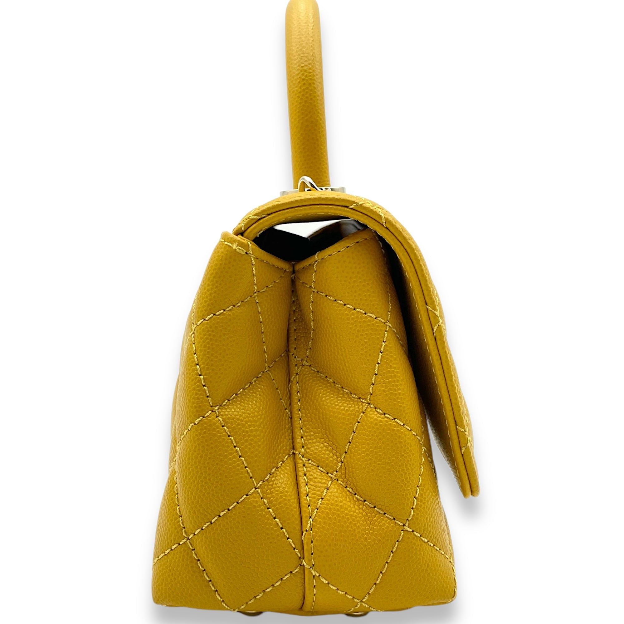 Coco Mini Mustard Yellow Top Handle Bag in Caviar Leather, Gold hardware - Image 5