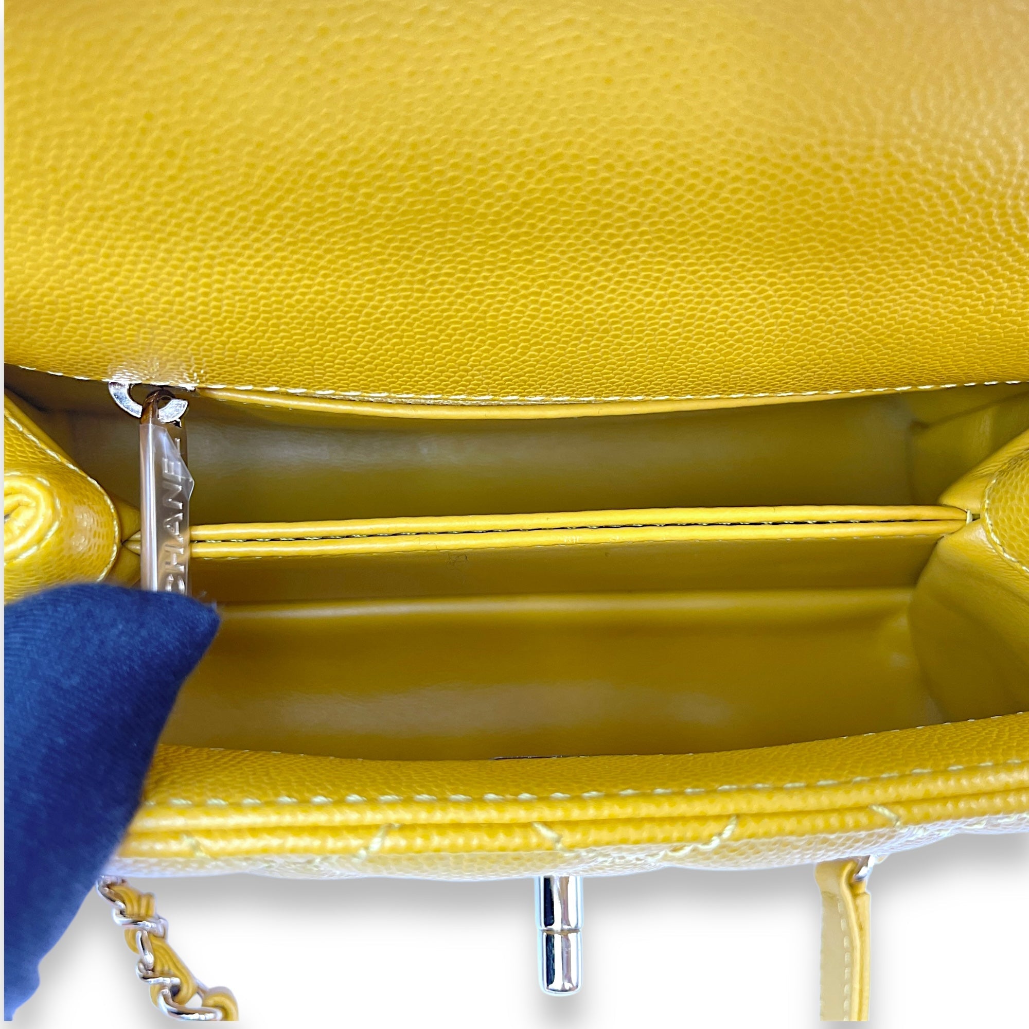 Coco Mini Mustard Yellow Top Handle Bag in Caviar Leather, Gold hardware - Image 10