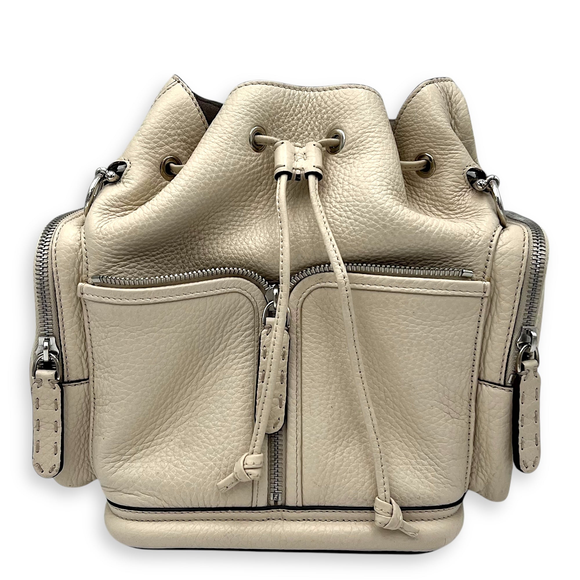Mon Tresor Beige Bucket Bag in Calfskin, Silver hardware