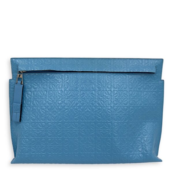 Anagram T Blue Pouch in Patent Embossed Calfskin, Silver hardware