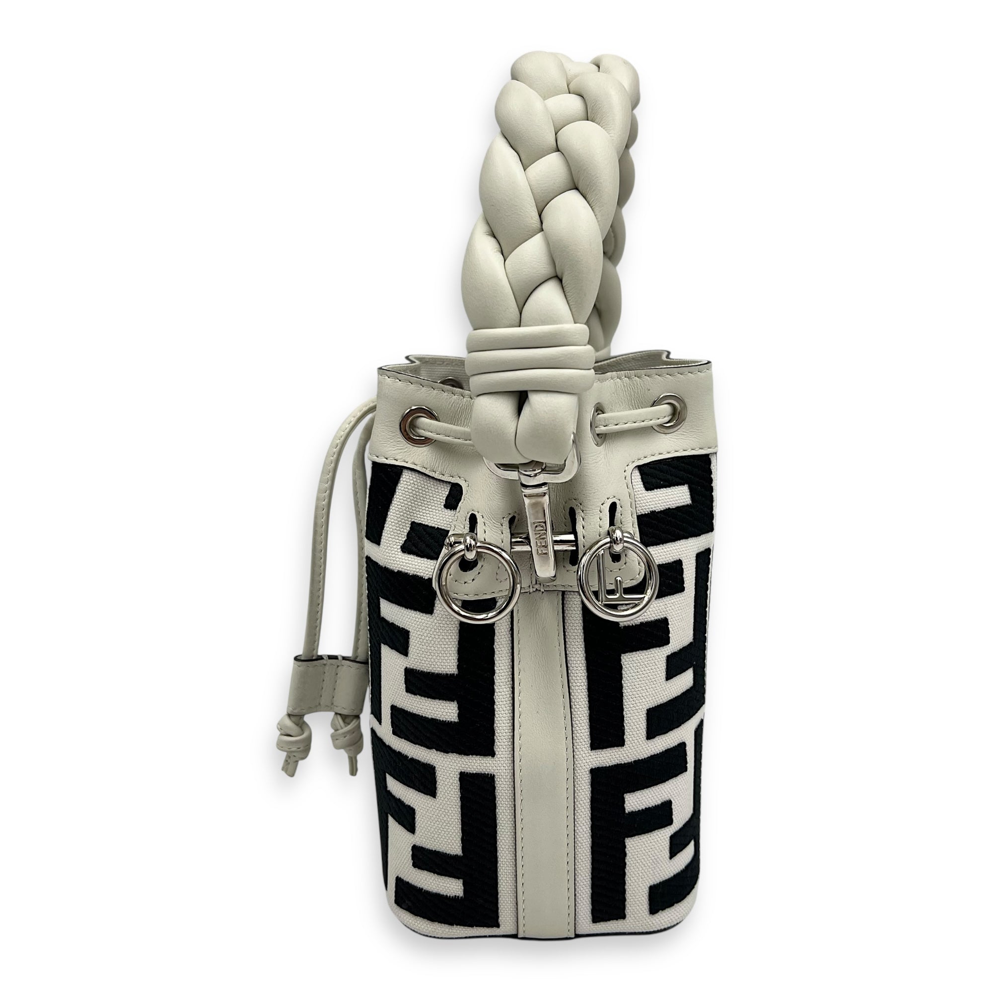 Mon Tresor White Bucket Bag in Canvas, Silver hardware - Image 5