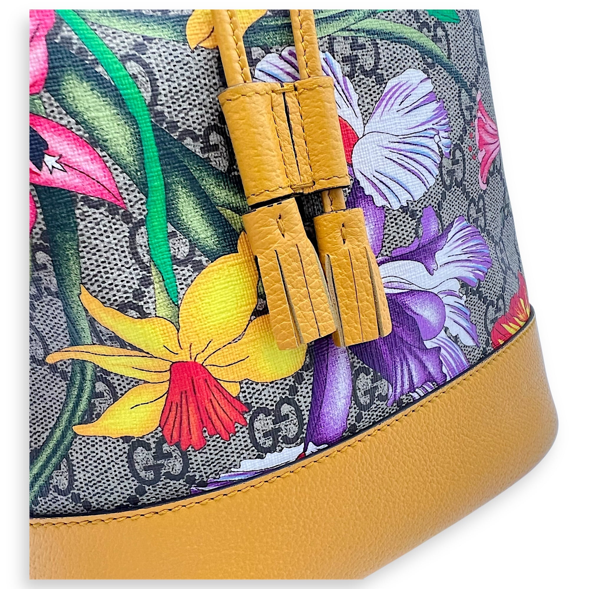 Ophidia Bucket Bag Yellow in Coated Canvas, Gold hardware - Image 8
