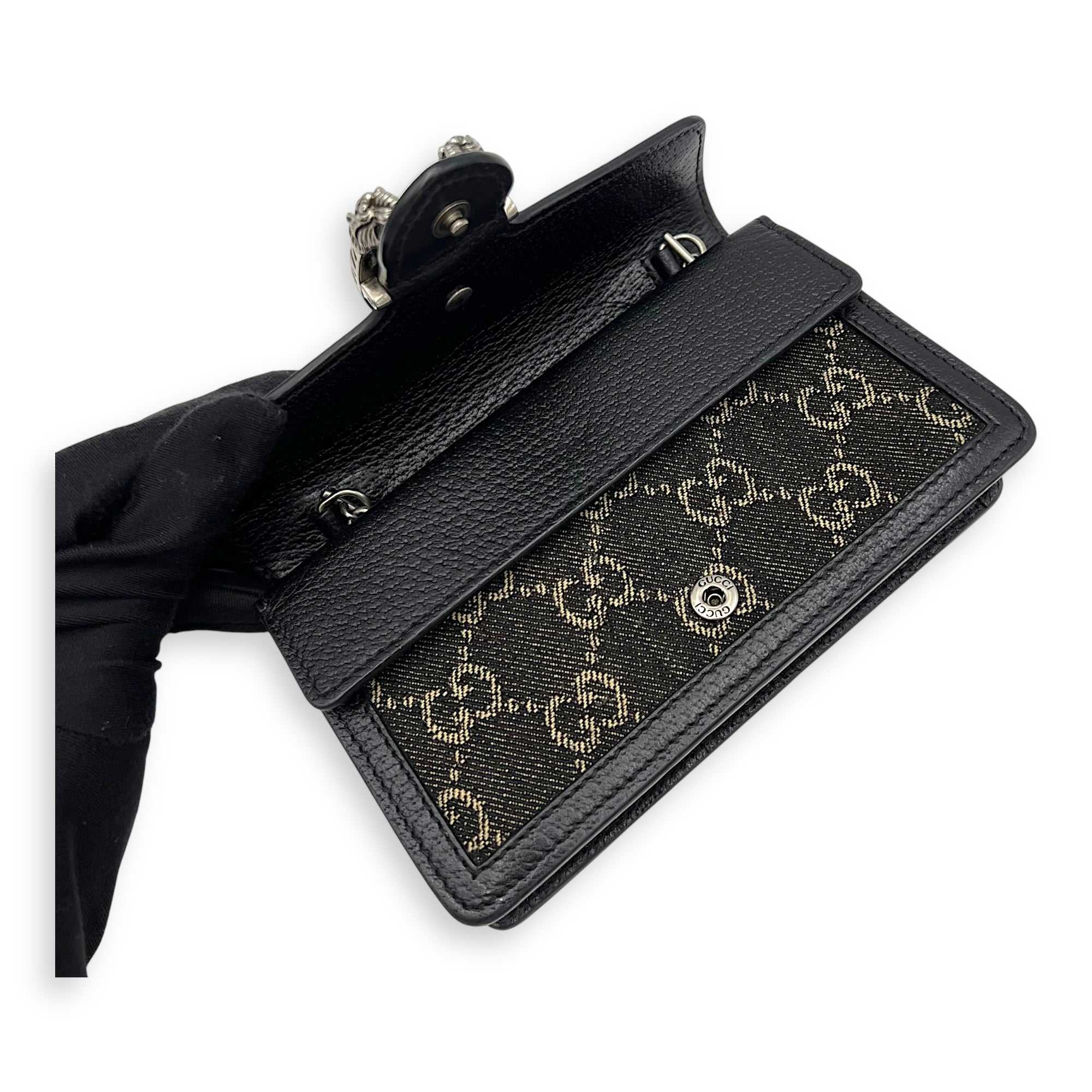 Dionysus Super Mini Black Crossbody Bag in Canvas, Silver hardware - Image 8