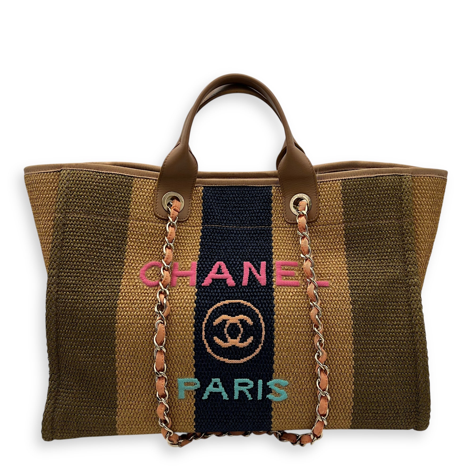 Deauville Medium Brown Tote Bag in Raffia, Gold hardware