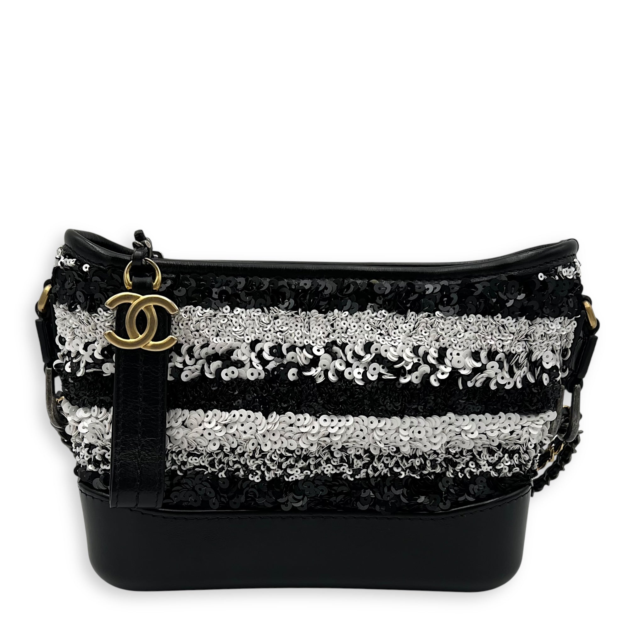 Gabrielle Small Black - White Shoulder Bag in Sequins, Gold hardware
