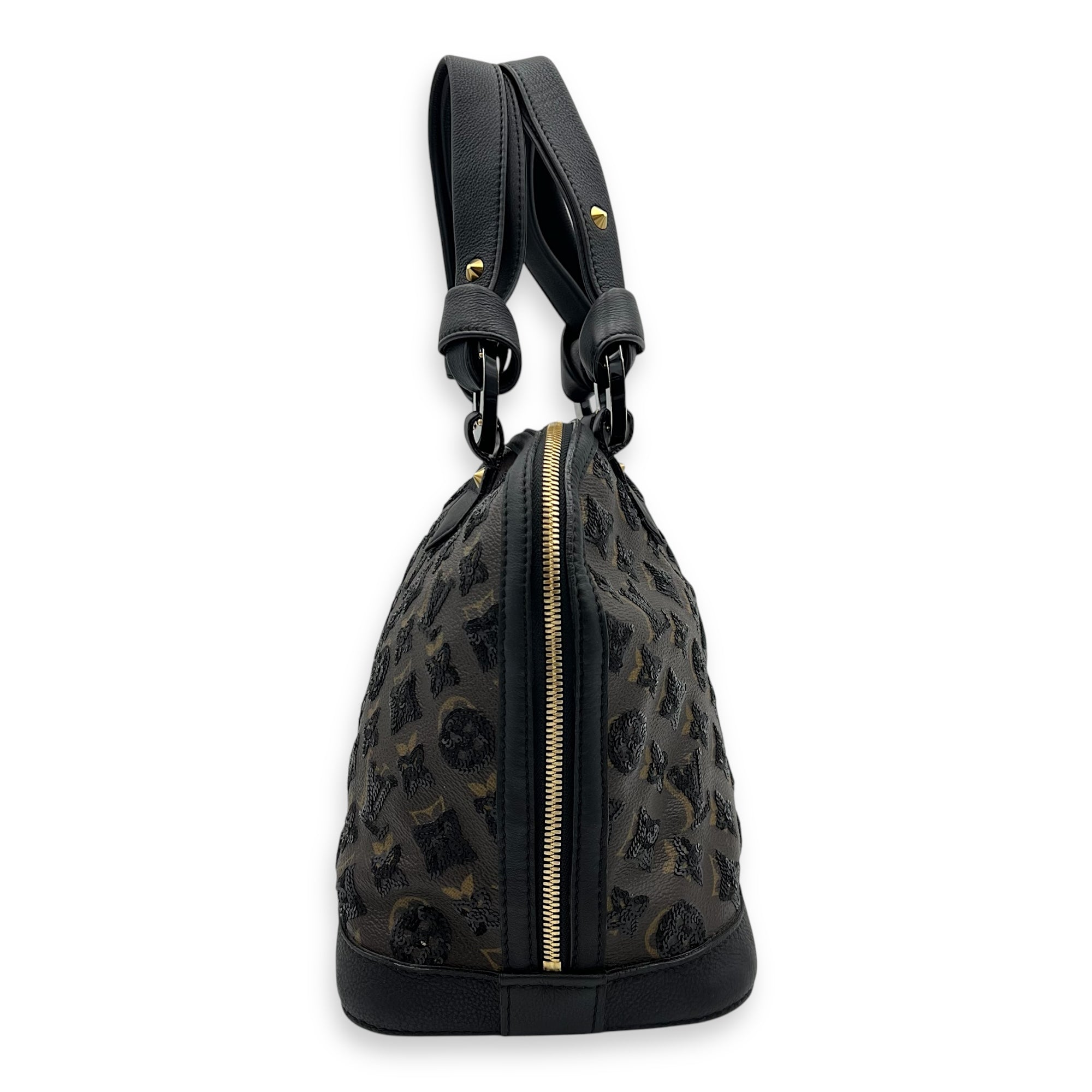 Alma Top Handle Bag Brown in Leather and sequins, Gold hardware - Image 5