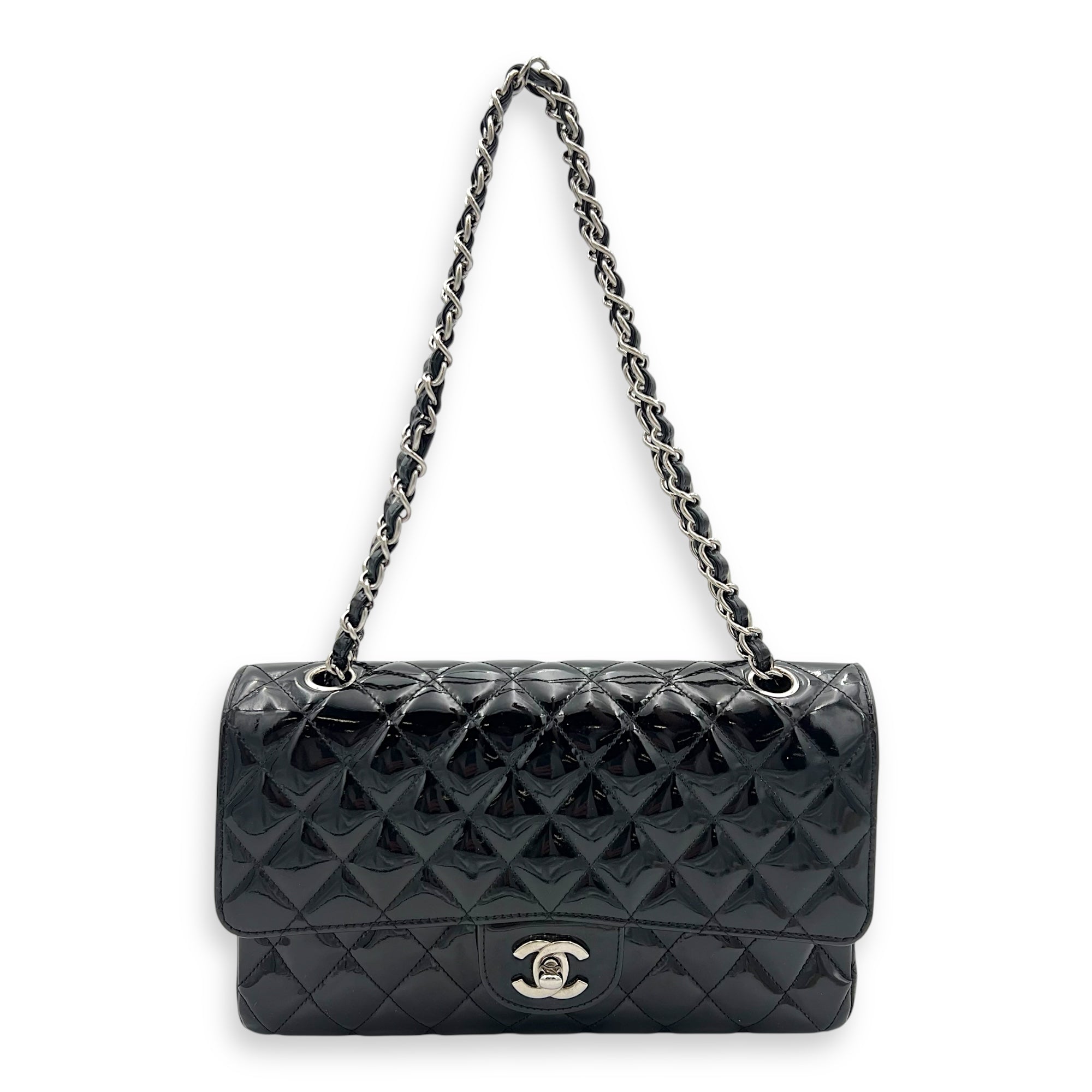 Classic Medium Black Shoulder Bag in Patent Leather, Silver hardware - Image 15
